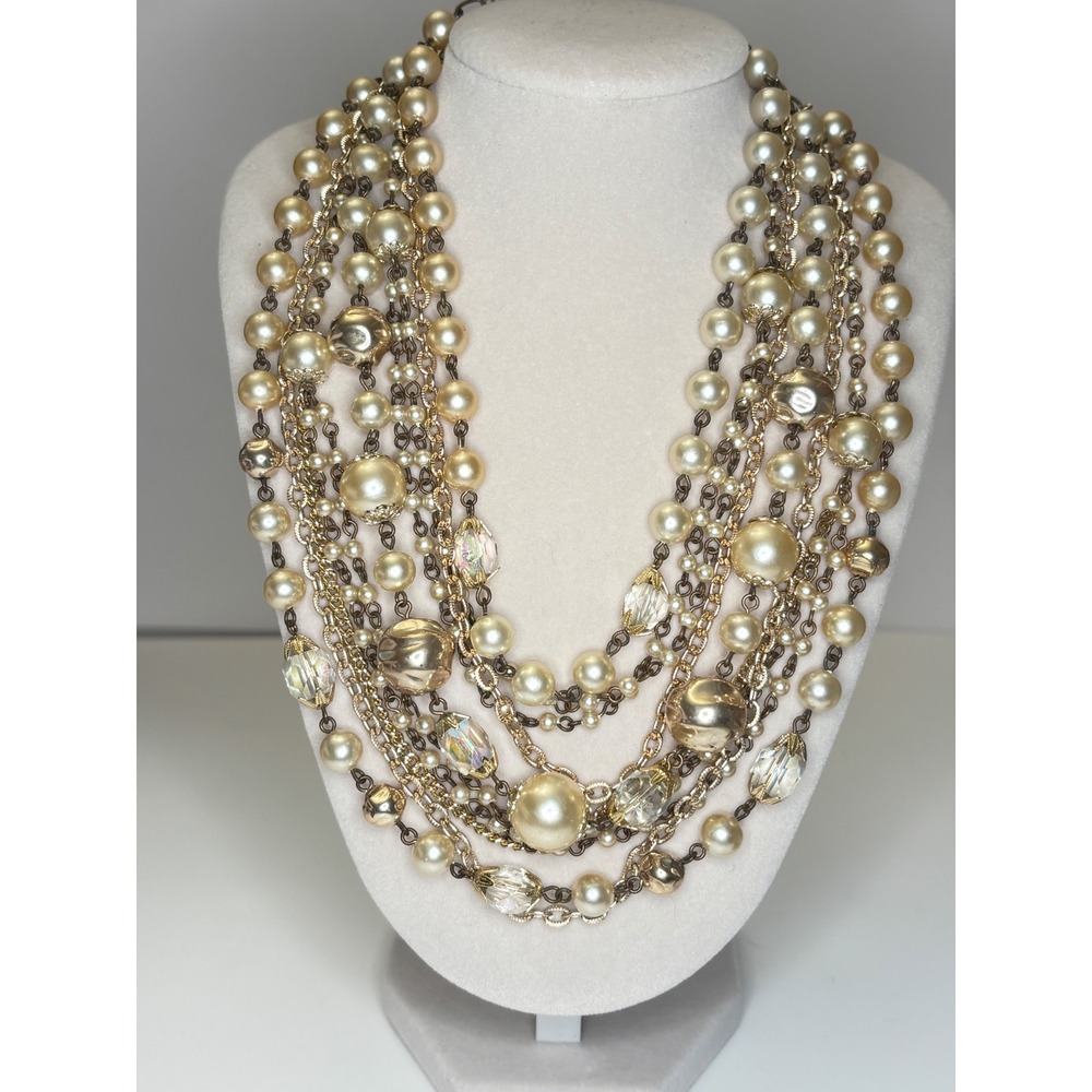 Vintage 1950s Faux Pearl AB Crystal 6 Strand Necklace Japan Statement Layered